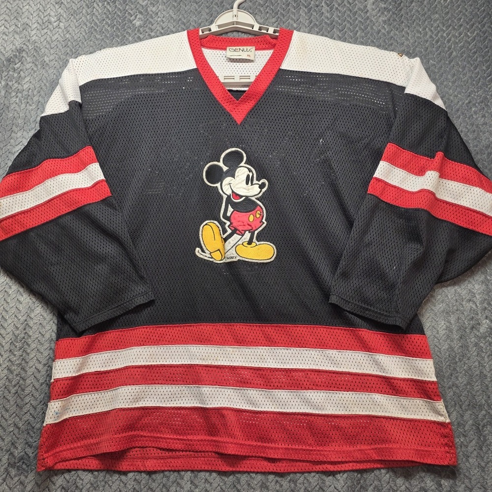 Vintage Mickey Mouse Hockey Shirt Men's XL Black Red Mesh Disney 90s Genus